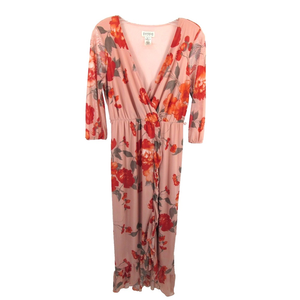 En Focus Studio Pink Floral Maxi Dress 6 Ruffle V-Neck Faux Wrap Boho Dress